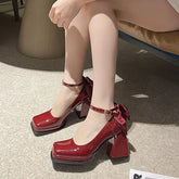 LBSFY  -  Square Toe Bow Mary Janes Shoes Women High Heels Lolita Shoes New Spring 2024 Pumps Fashion Party Zapatos Elegant Female Chunky